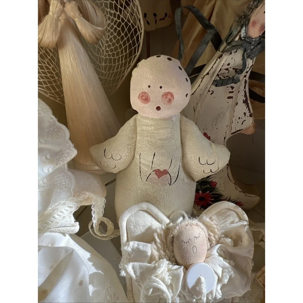 Vintage Primitive Angel Collection Lot Christmas Decor Folk Art Cloth Wood Straw